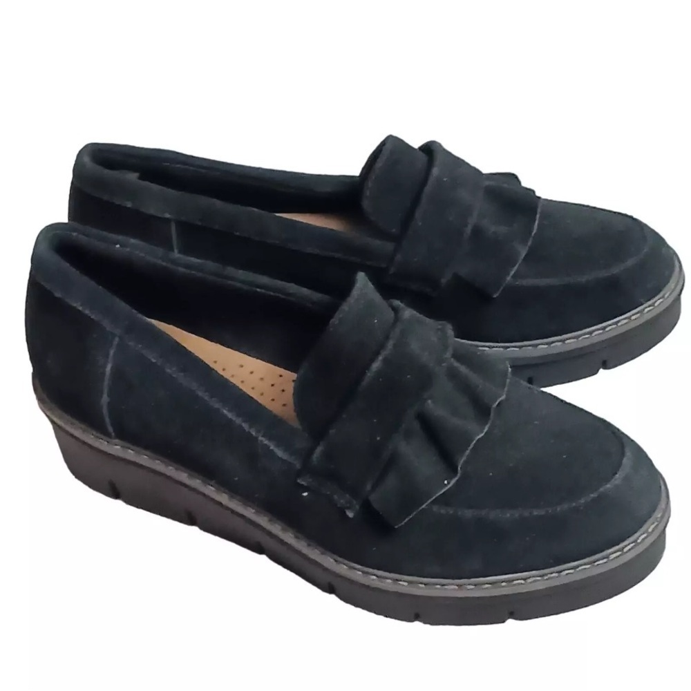 CLARKS Airabell Womens Black Suede Slip-On Wedge Loafers Comfort Shoe Size 7.5 M